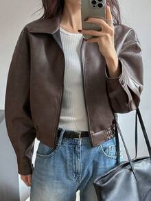Mujeres Retro Suelta Cremallera Corta Solapa Chaqueta de cuero, Abrigos casuales de manga larga para otoño e invierno, chaquetas de mujer - Marrón - Ver 4
