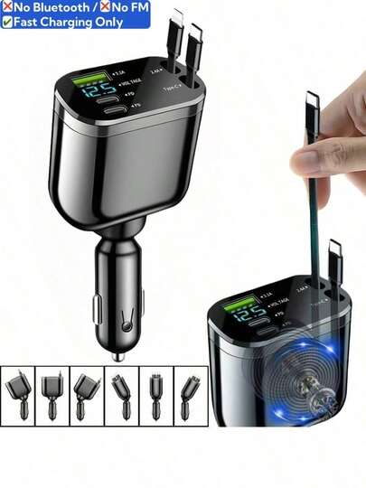 YITUMU 66W Retractable Car Charger With Digital Display, 5-In-1 Fast Car Phone Charger With Dual PD Ports, 2 Retractable Charging Cables And USB Port - Smart Gift For Drivers, Practical Car Accessory For Christmas And New Year