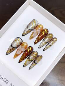 10 Pieces Of Pure Hand-Made Wearable Nails With Almond Nail Shape, Press On Nail - Multicolor - View 2