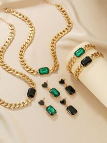 Conjunto de joyería bohemia elegante y exagerada de 4 piezas en color verde, con collar brillante, pulsera, colgante y aretes - Adecuado para uso diario y ocasiones de fiesta