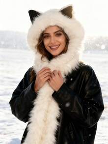 1pc Soft Plush Cat Ear Hat With Integrated Scarf, Unisex Winter Warm Fashion, Lightweight Knitted, Snap Closure, Suitable For Singles Party, Fuzzy Fox Hat, Autumn/Winter Bomber Hat With Scarf, Cute Bear Hat For Cycling Autumn Outfits - Multicolor - View 1