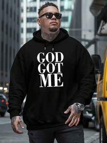 Men's Loungewear God Got Me Black Sweatshirt For Men With White Print "GOD GOT ME" - Fleece Lining, Casual Streetwear, Regular Fit Long Sleeve For Autumn Winter Spring, Lined Sweatshirt, Seasonal Fashion, Durable Fabric, Urban Style, Cozy Material, Printed Sweater, Streetwear Lovers, PLUS SIZE Loose And Comfortable - 黑色 - 查看 1