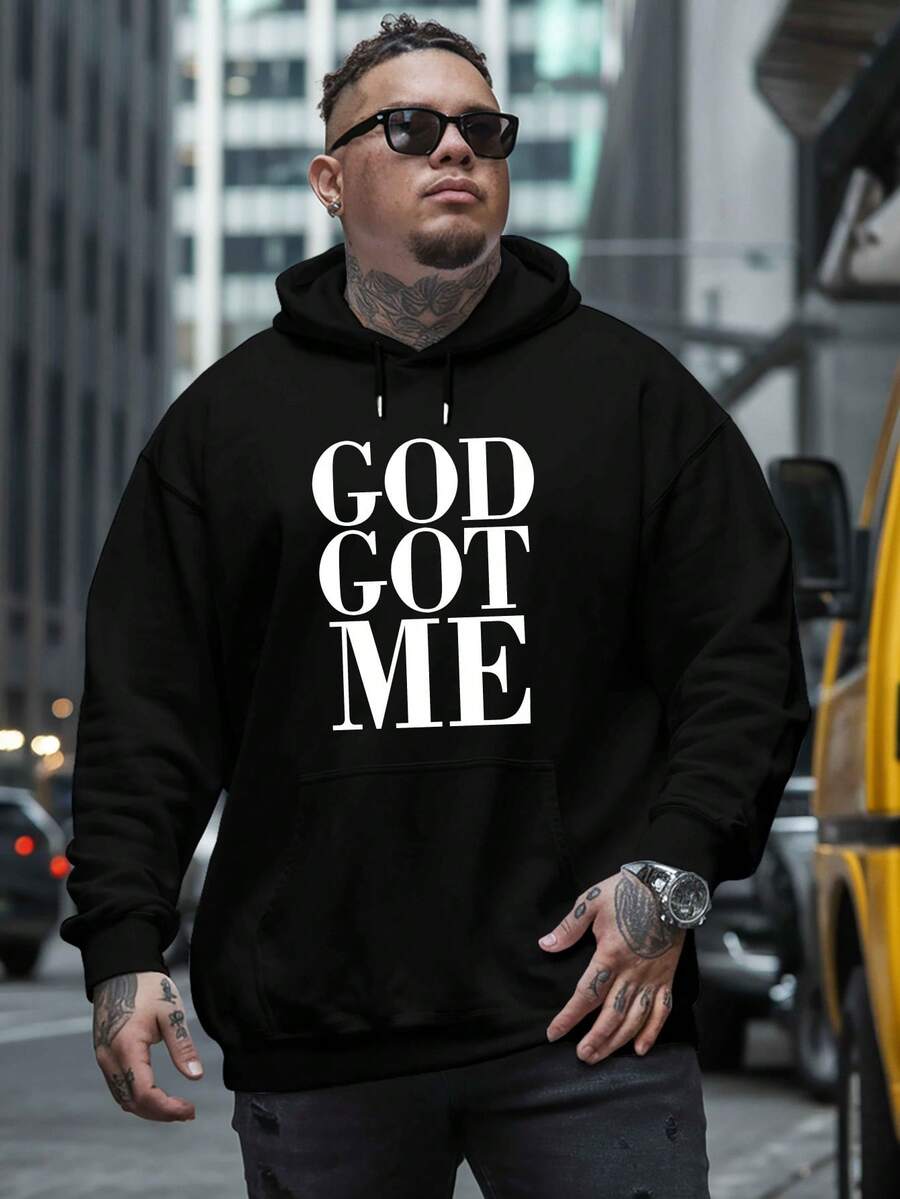 Men's Loungewear God Got Me Black Sweatshirt For Men With White Print "GOD GOT ME" - Fleece Lining, Casual Streetwear, Regular Fit Long Sleeve For Autumn Winter Spring, Lined Sweatshirt, Seasonal Fashion, Durable Fabric, Urban Style, Cozy Material, Printed Sweater, Streetwear Lovers, PLUS SIZE Loose And Comfortable - 黑色 - 查看 1