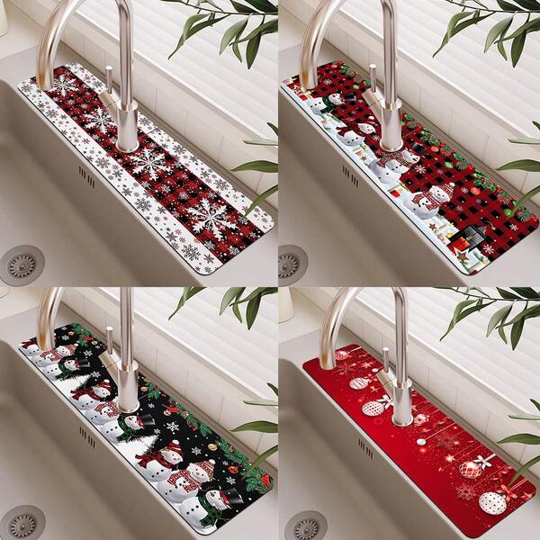 1 pezzo Buon Natale, Sottopentola per rubinetto del lavandino natalizio, Sottopentola di drenaggio, Per cucina, bagno, lavandino, piano di lavoro, Sottopentola in diatomite, Pad asciugatura rapida e ritagliabile.