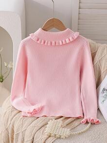 女童高领长袖毛衣，秋冬季休闲珍珠针织汗衫 - 粉色 - 查看 2