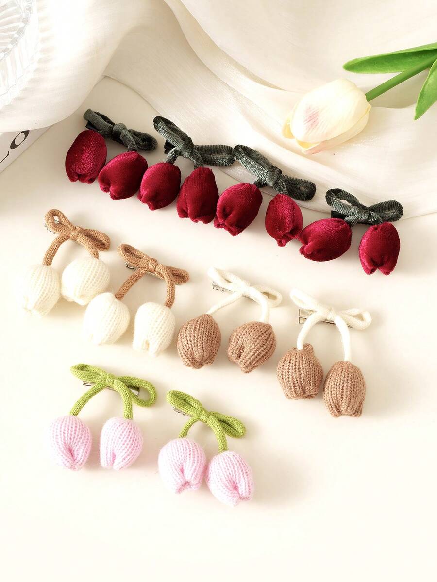 2pcs/6pcs Set Handmade Knitted Tulip Flower Hair Clips, Ribbon Hair Accessories, Fashion Versatile Side Bangs Hairpins, Women Autumn/Winter Hair Decor, Hair Slide, Hair Barrettes