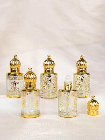 Pozłacana szklana butelka z kulką na perfumy i olejki eteryczne, 12 ml, wielokrotnego użytku, w rozmiarze podróżnym – luksusowa butelka na próbki kosmetyków do pielęgnacji skóry w stylu bliskowschodnim, eleganckie opakowanie prezentowe dla kobiet (6 szt.)