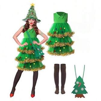 4pcs Christmas Tree Outfit Set, Women Christmas Tree Costume, Christmas Party Outfit, Stage Performance Costume - Hat + Dress + Socks + Shoulder Bag