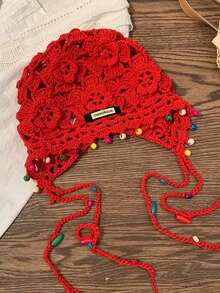 Boho Bohemian Retro Handmade Tassel Fashion Ball Red Knitted Wool Hat, Warm Headband Hat With Ear Protection For Winter, Unisex Knit Beanie Warm Thermal Outdoor Hat For Skiing And Traveling, Random Style And Color