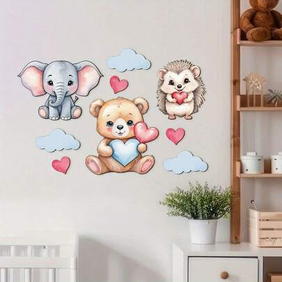 9 Pieces Of 2D Flat Wood Suitable For Decorative Decorative Items. Wooden Wall Decoration With Cloud And Heart-Shaped Cuts, Exquisite Bear, Elephant And Hedgehog Pattern Designs, Suitable For Colorful Rooms, Classrooms And Playrooms. Art Set, Easy To Hang, Classroom Wall Decoration; Vivid Wall Art; Classic Design