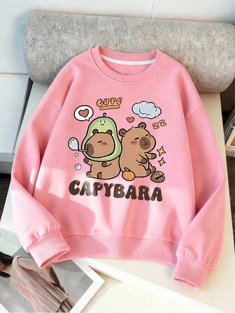 Tween Girl Adorable Groundhog Print Crewneck Sweatshirt , Back To School Essential, Fashion Item, Fall Winter Pullover Sweatshirt, Machine Washable & Durable, Soft For Daily