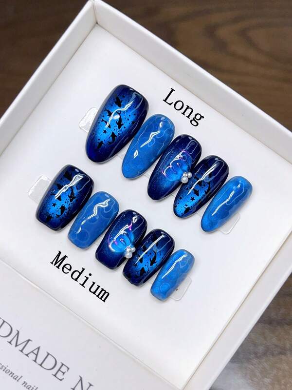 10 Pieces Of Pure Handmade Wearable Nails With Two Types Of Nail Shapes To Choose From; Hand-Painted Cat Eye Blue Fish Tail Nails; Highquality Simple Design Nails, Press On Nail