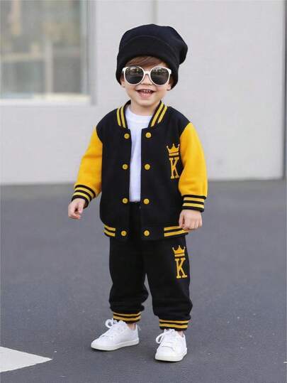 2pcs/Set Baby Boy Casual Crown & Letter Print Baseball Collar Jacket Top And Pants Set, Autumn/Winter