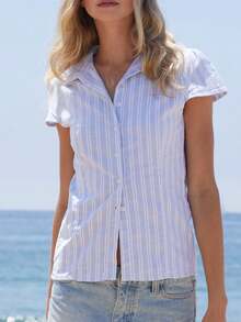 Women's Button Down Collared Shirts Cap Sleeve V Neck Striped Print Slim Fit Tops Summer Shirts - Baby Blue - View 1
