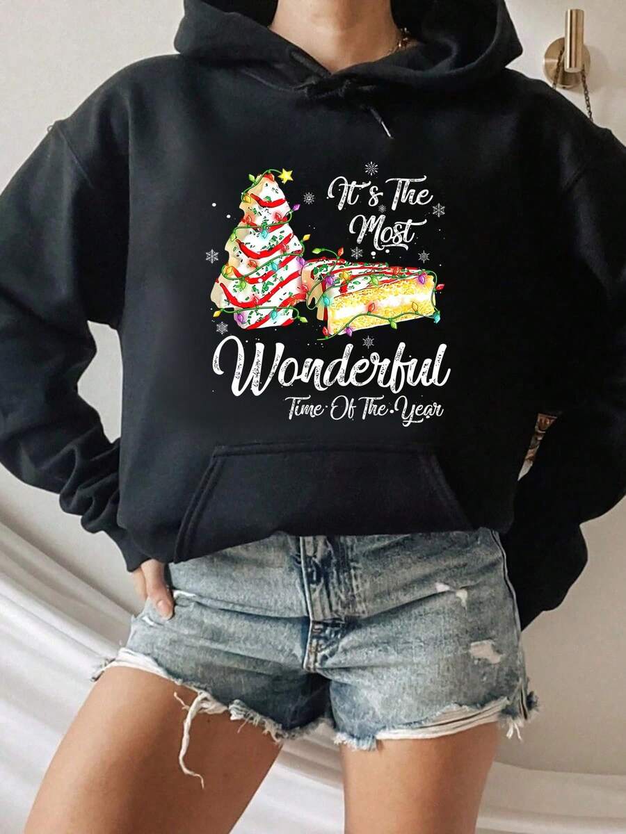 Es la época talla grande maravillosa del año Sudadera con capucha con estampado de árbol de Navidad - Negro - Ver 1