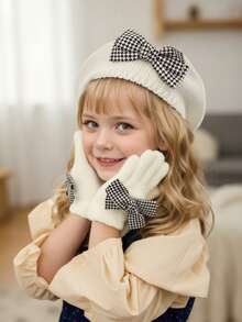 2pcs/Set Girls Knitted Beret Hat & Gloves Set, Elegant, Cute Artist Beret, Acrylic Yarn, Stylish Plaid Bow Design, Fashionable, Thin For Early Winter - 2pcs - View 6