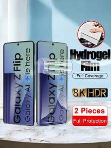 قطعتان من أغشية الهيدروجيل عالية الوضوح لحماية شاشة هاتف سامسونج جالاكسي زد فليب 7/6/5/4/3، تحمي الشاشة من الخدوش وتقوم بإصلاحها تلقائيًا (ليست من الزجاج المقسى)، سلسة وناعمة اللمس، مقاومة للخدوش والأتربة والماء وبصمات الأصابع