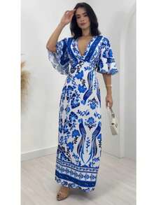 Long Farmhouse Style Dress - 手臂和藍色 2 - 查看 2