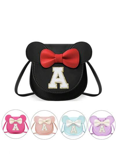 1pc Girls Wallet, Personalized Initial Children's Birthday Gift, Cute Mouse Ear & Bow Decor Kids Crossbody Purse