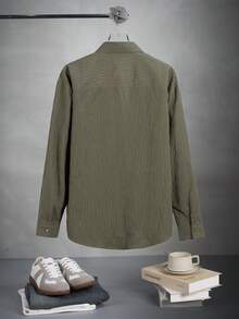Lookun Men's Loose Fit Collared Shirt With Pleats, Japanese Minimalist Commuter Style, Vertical Textured Stripe, Autumn/Winter - Army Green - View 7