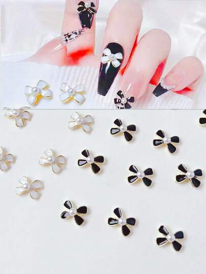 10 Peças Acessórios de Unhas Luxuosos em Preto e Branco com Laço de Liga Metálica, Pérola Falsa e Laço de Liga Metálica - Acessórios de Arte de Unhas Estilo Y2K, Decoração de Arte de Ponta de Dedo Feminina DIY Estilo Pequeno Fragância Estilo Japonês, Suprimentos de Unhas, Unhas Vermelhas, Unhas Pretas, Unhas Brancas, Unhas Rosas, Unhas Azuis, Etc. Todas as Cores de Unhas Podem Ser Usadas