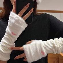Cute Women's Gloves For Winter - Knitted Arm Warmers With Slouchy Cuffs, Long Thermal Sleeves - 紅色水貂毛愛心針織袖套 - 查看 6