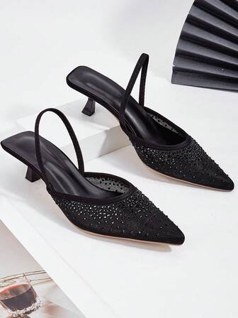 Women's Rhinestone Decor Kitten Heel, Pointed Toe Hollow Slip-On Sandals, Fashionable & Elegant For Party And Formal Dress Low Heels