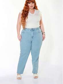 Calça Jeans Mom Básica Plus Size Cintura Alta Casual Simples    Bolso  Zíper  Botão