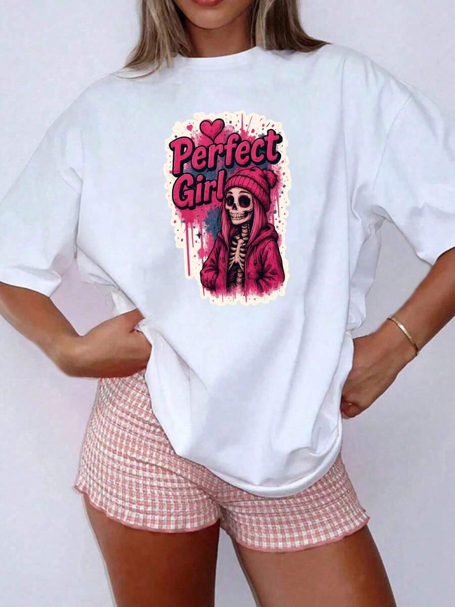 Short Sleeve - Perfect, Skull Girl - Spring And Summer  Printed T-Shirt, Fashionable Item, Classic Round Neck Design