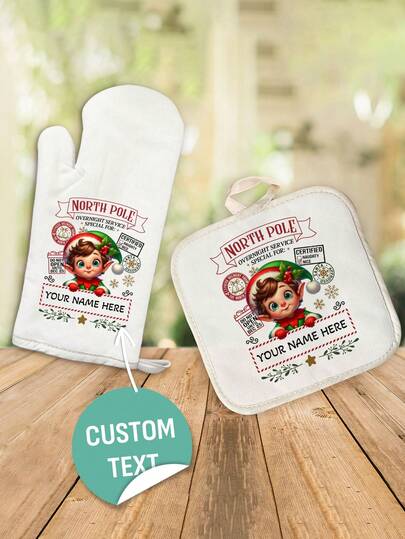 2/1 par de manoplas personalizadas para el horno, guantes resistentes al calor con patrones de dibujos animados navideños creativos, adecuados para regalos de cocina. Se puede personalizar con impresión de texto, excelente para regalos de Navidad, recuerdos de fiesta de Navidad, regalos navideños para hijo, hija, madre, abuela, vecinos y amigos