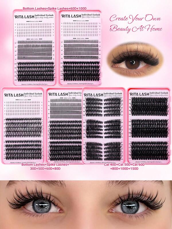 RITALASH RITALASH 720/655/555 pièces Livre de cils D Roll Grande capacité Faux cils naturels pour maquillage des yeux Différentes longueurs mélangées Imperméable Facile à transporter Réutilisable Convient pour le quotidien, les vacances, le maquillage quotidien, le cosplay, le maquillage complet et le port quotidien