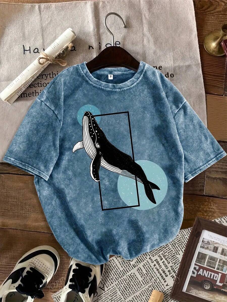 Men Shirts Women'S Casual Whale Print T-Shirt - Vintage Washed Blue Short Sleeve Tee With Whale & Starfish Design, Soft Round Neck Summer Top For Casual Attire, Whale Shirt Men Clothes - 藏蓝色 - 查看 1