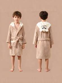 1 Pc Bear Hooded Pattern Designed Bathrobe For Kids, Plush Coral Fleece Children's Bathrobe, Waist Belt Included, Multiple Colors Available, Morning Grown, Sleepwear Pajamas Toddler Soft Plush Robes Ultra Soft Water Absorbent Breathable Bath Towel Beach Towel Pool Towel, Suitable For Bathroom, Bedroom, Home, Hotel, Party, Swimming Pool, Birthday Presents, Christmas Gifts, Winter Bathrobe For Kids