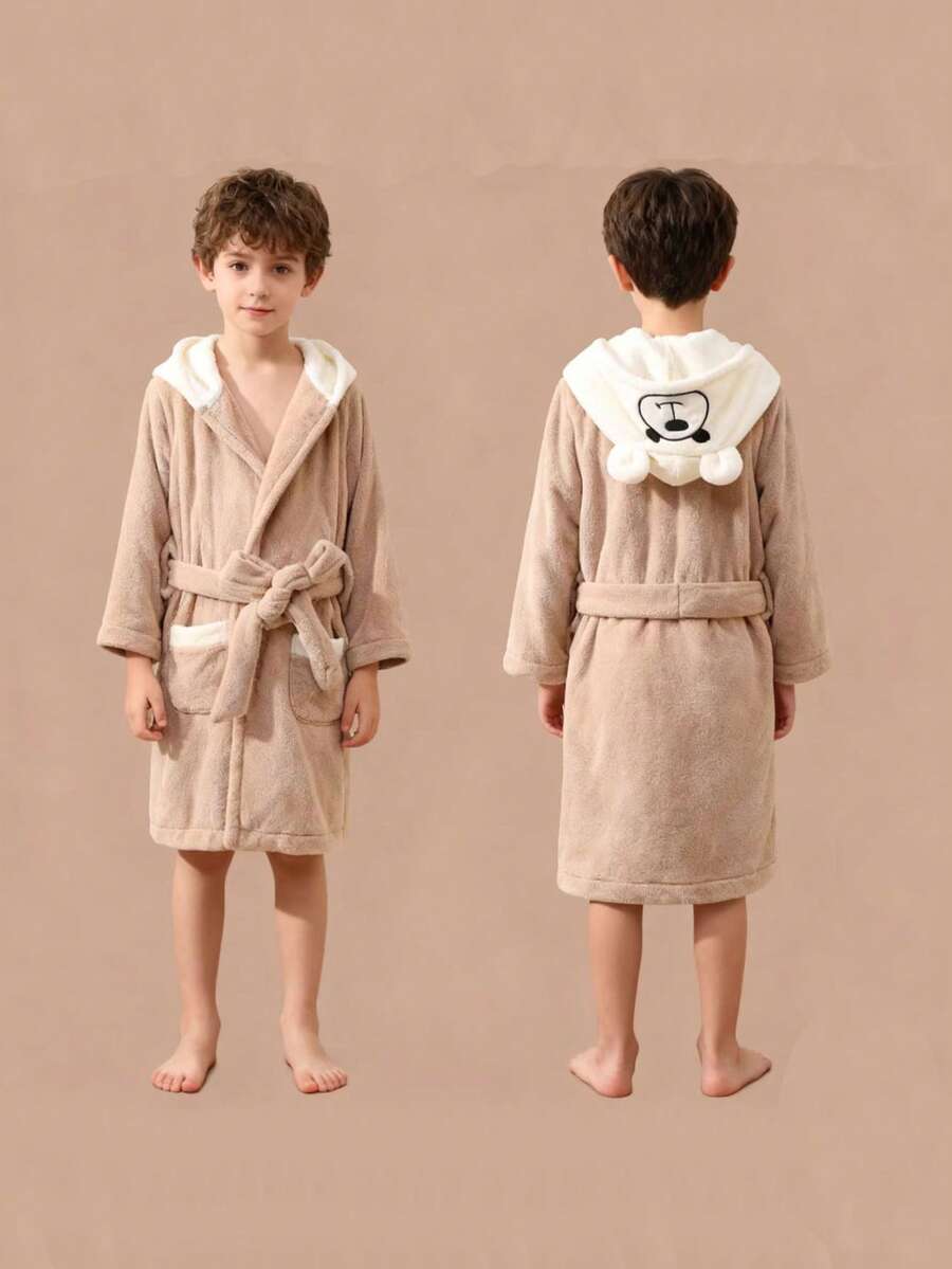 1 Pc Bear Hooded Pattern Designed Bathrobe For Kids, Plush Coral Fleece Children's Bathrobe, Waist Belt Included, Multiple Colors Available, Morning Grown, Sleepwear Pajamas Toddler Soft Plush Robes Ultra Soft Water Absorbent Breathable Bath Towel Beach Towel Pool Towel, Suitable For Bathroom, Bedroom, Home, Hotel, Party, Swimming Pool, Birthday Presents, Christmas Gifts, Winter Bathrobe For Kids