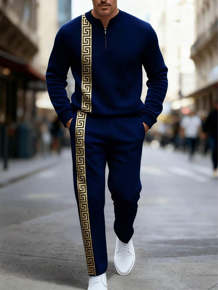 2PCS High-Quality Polyester Men's Long-Sleeved + Long Pants Sportswear Set, 3D Printed Pattern, Anti-Wrinkle And Easy To Care For, Half-Collared Top, European And American Style, Fitness, Outdoor Leisure, Golf, Tennis - Màu xanh hải quân - Xem 1