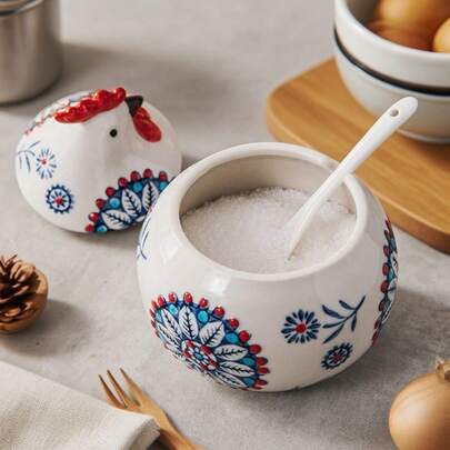 1 pieza Frasco de cerámica para especias de 400ml con tapa y cuchara - Recipiente de almacenamiento de cocina decorativo de gran capacidad, multiusos y duradero, apto para sal/pimienta/canela/chile, diseño elegante de flores y gallo, rojo y con puntos, organizador de especias