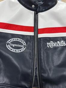 Chaqueta corta de cuero sintético con cremallera y bloques de color para mujer,Chaqueta estampada con letras bordadas - Rojo - Ver 3