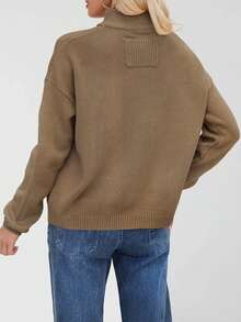Women Knit Cardigan Long Sleeve Stand Collar Button Closure Fall Casual Jacket Sweater With Pockets - Khaki - View 6