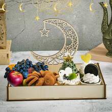 1pc Wooden Tray - Eid Mubarak Hollow Moon & Star Pattern Food Tray, Tableware Decor Gift, Suitable For Pastries, Cupcakes, Home Decor, Party Supplies - Multicolor - View 9