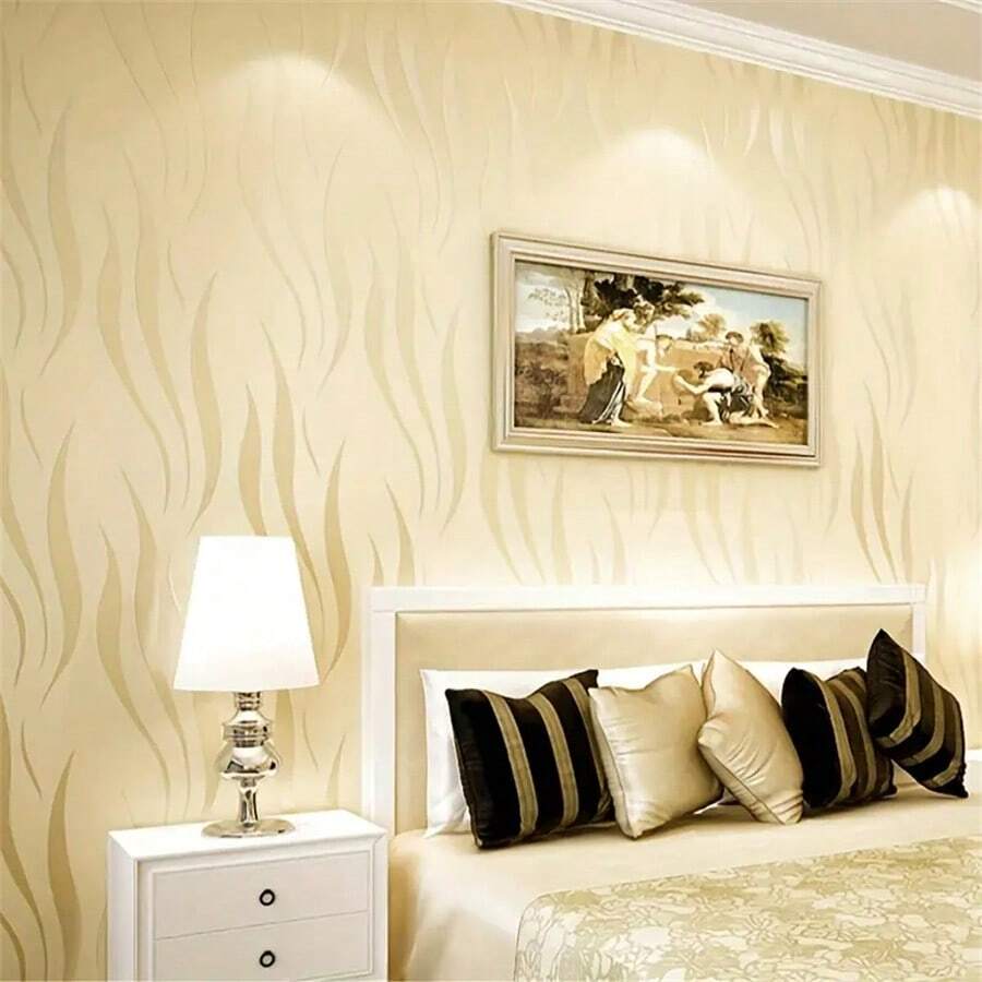 Beige 3D Modern Printed Embossed Striped Non-Woven Wallpaper - Suitable For Living Room, Bedroom, Kitchen And Bathroom Wall Paper Wall Stickers Wall Decor Room Decor Bedroom Decor - Yellow - View 1