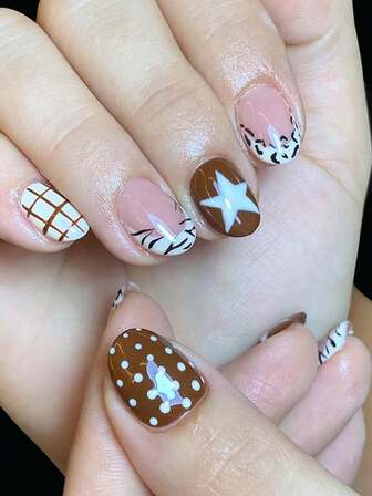 24 Pcs Short Oval Press-On Nails, White French, Leopard Print, Sweet, Plaid, Five-Pointed Star, Polka Dot. Coffee Color, With 1 Piece Of Jelly Glue And 1 Piece Of File, Suitable For Women To Decorate Nails,Leopard Nails,Press On Nails