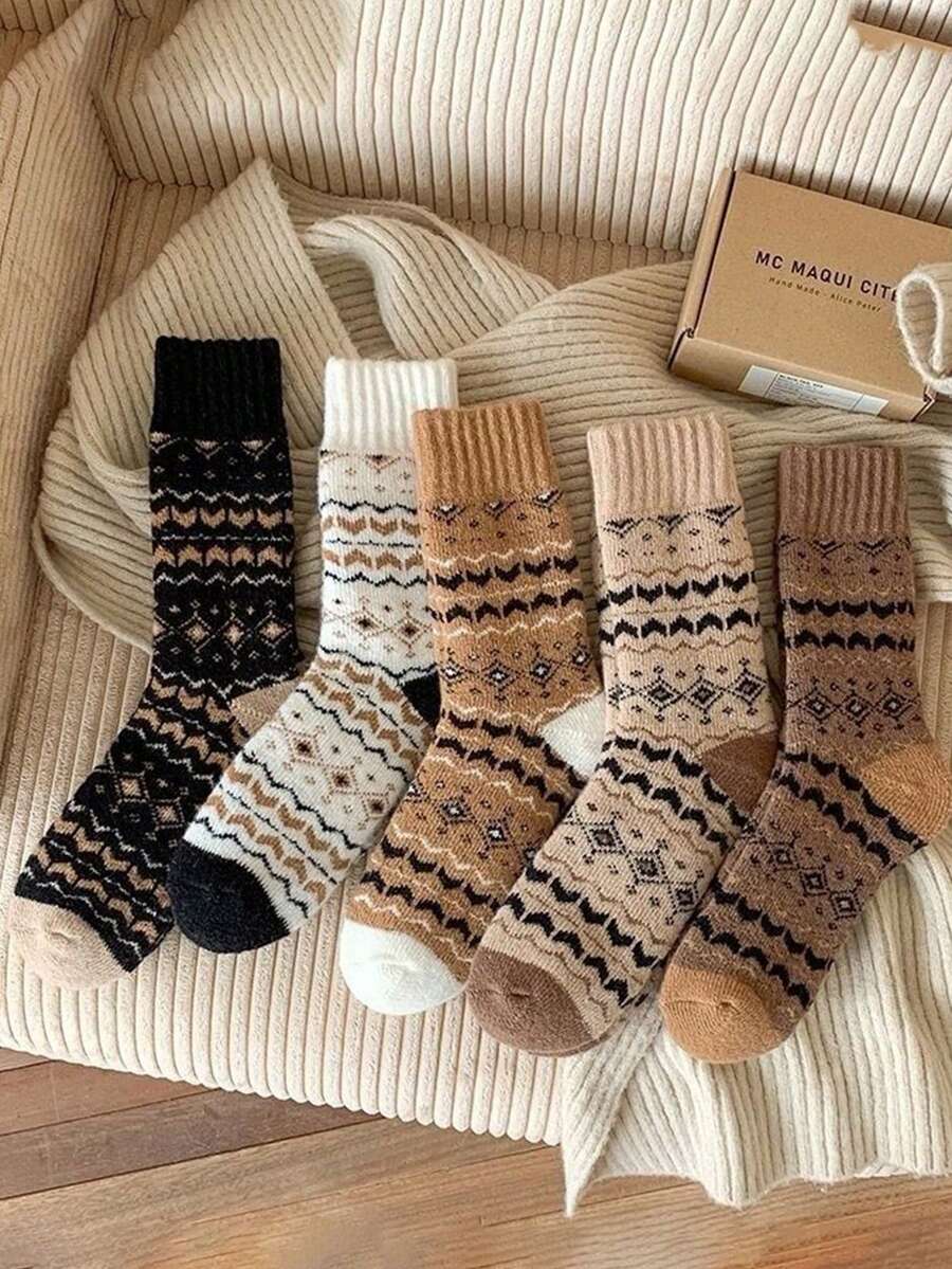 5 Pairs Men's Thick Warm Mid-Calf Socks, Autumn/Winter Style, Thickened Terry - Multicolor - View 1