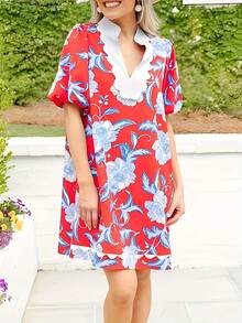 1 PCS Women'S Floral Print Red & Blue/White Color Block Dress With Scallop Trim Detail, Puff Sleeves, V-Neckline & Elastic Cuff - Knee-Length Casual Summer Dress For Adults, Floral Print Dress, Casual Attire, Offshoulder Design, Smooth Texture - 混合顏色 - 查看 7