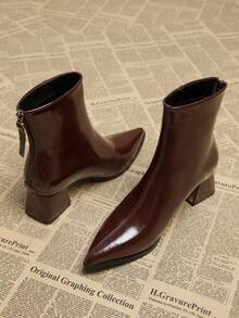 2025秋季新款女士优雅简约棕色短靴，粗跟低跟尖头鞋，踝靴，秋冬季百搭时尚踝靴 - 酒紅色 - 查看 5