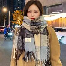 1件超大柔软针织格子围巾，女秋冬保暖披肩两用，马卡龙色法式优雅风，学生百搭别致围脖，适合通勤和节日送礼