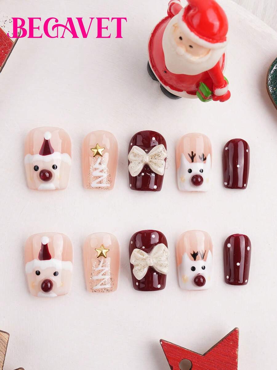 BEGAVET 10 szt. ręcznie robionych, salonowych, świątecznych, prasowanych paznokci, kokardki świąteczne, superdługie, ekskluzywne, trójwymiarowe paznokcie z zawieszkami 3D, odpowiednie na imprezy/festiwale muzyczne i do codziennego noszenia - Czerwony i biały - Zobacz 1