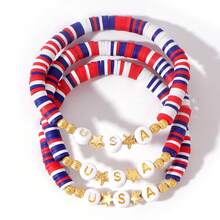 3 Stücke Boho-Stil USA Buchstaben Perlenarmband Set, Schmuckzubehör für Frauen, Sommer