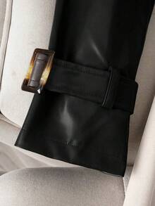 Color Block Double Breasted Trench Coat, Patchwork Solid Color Contrast Pocket Belt Double Button - Apricot - View 6