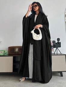 中东风格全长宽袖宽松纯色长袍，带头巾 - 黑色 - 查看 8