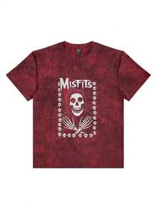 MISFITS Skull Graphic T-Shirt - Red Marbled Tie-Dye Textured Crew Neck Short Sleeve Tee, Stylized Grim Reaper Skull Design With Smaller Skulls Border, White Bold Font Above - Perfect For Rock Fans, Casual Summer Breathable Top- Fall Graphic T-Shirt Women's Halloween Animal Print Casual T-Shirt For Fall Outfit - 紅色 - 查看 6